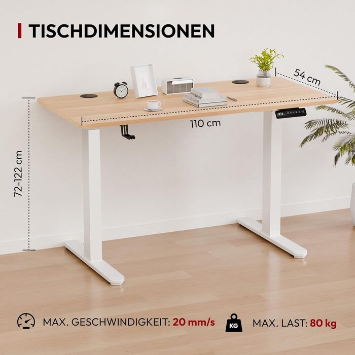 Регульований стіл Sanodesk з бездротовою зарядкою та подвійним мотором, компактний 110x54 см. Стабільний електричний столик для стоячи/сидячи (110 x 54 см, горіх)