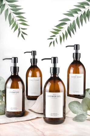 MONOKO Набір з 4 дозатори для мила, миючого засобу, шампуню та гелю для душу (500 мл) з нержавіючою помпою та наліпками, коричневий