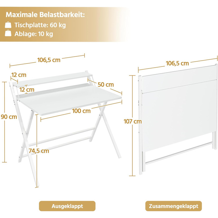 Зламуваний стіл Yaheetech 80 см, комп'ютерний стіл з полицею, двоступеневий робочий стіл з підставкою для монітора, стіл для ноутбука для домашнього офісу/маленьких кімнат/вітальні, білий, 80 см x 50 см, білий, 106.5x60.5x90 см