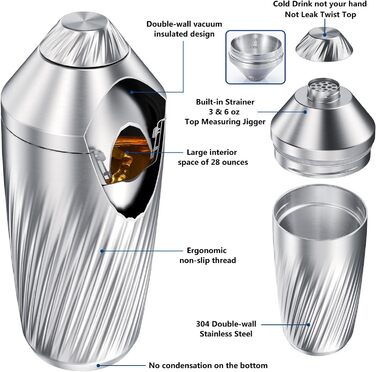 Шейкер для коктейлів COCKSHIER - Набір подвійних шейкерів для напоїв з вакуумною ізоляцією з нержавіючої сталі та ложкою для змішування, 868 мл