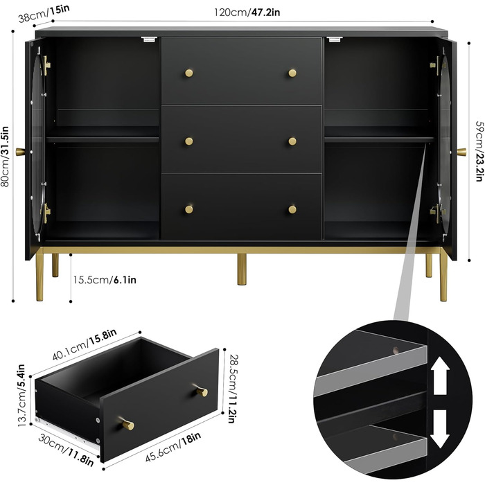 Буфет-комод FirFurd 120 см білий/чорний з робочою поверхнею та 3 ящиками | Кухонний буфет для кухні, вітальні, їдальні