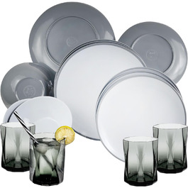 Набір меламінового посуду на 4 персони - 16 предметів - сіро-білий - з питним склом сірий 300мл Кемпінговий посуд Кемпінговий посуд 16 предметів - Склянка для пиття сіра 300мл