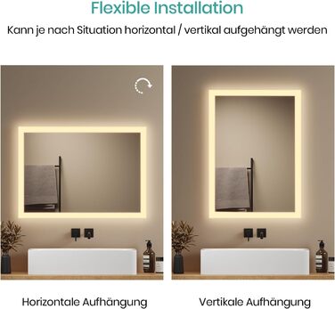 Дзеркало для ванної кімнати EMKE® з підсвічуванням 80x60 см, тепле біле світло 3000K, вимикач, вертикальна/горизонтальна установка, IP44, енергозберігаюче