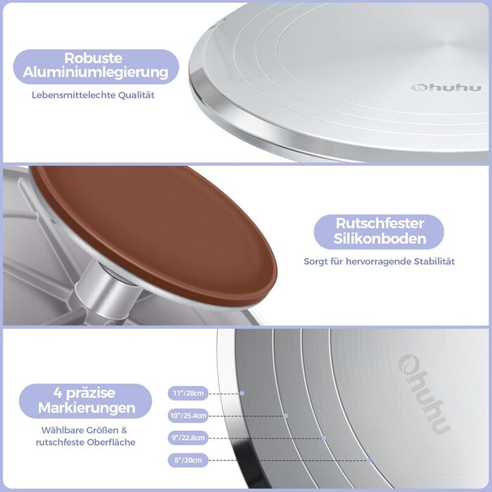 Ohuhu Поворотна платформа для тортів, 30 см, алюмінієвий сплав, з 2 шпателями та 3 скребками для декорування та випікання, подарунок для кондитерів, срібна