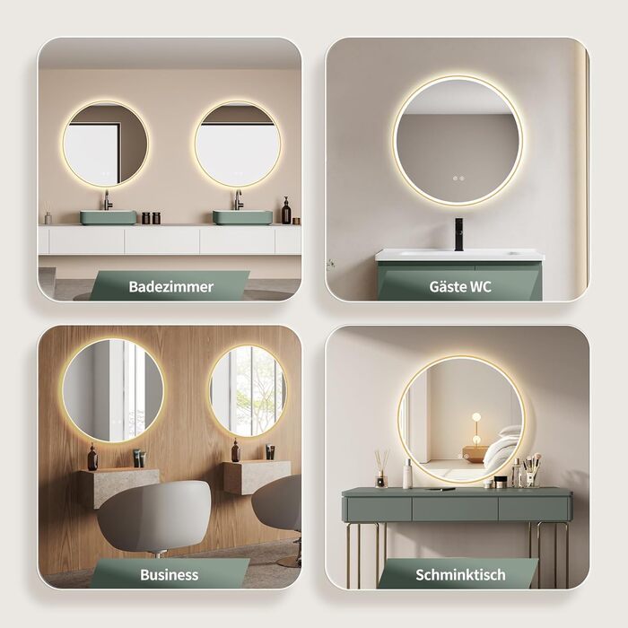 Дзеркало для ванної кімнати HOKO Design Riga, діаметр 60 см, кругле, з металевим каркасом, LED-підсвічування, сенсорне управління, регулювання кольору світла (тепле/холодне/нейтральне), антизапарник, золото