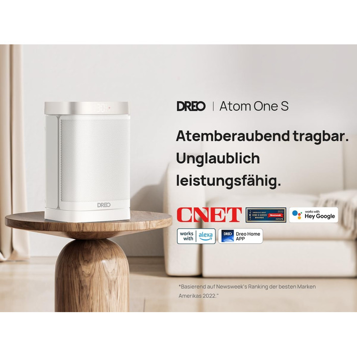 Електричний обігрівач Dreo Atom One S: тихий, енергоефективний, з Wi-Fi, пультом керування та 12-годинним таймером, 1500W, 3 режими, 3 швидкості, PTC кераміка, білий