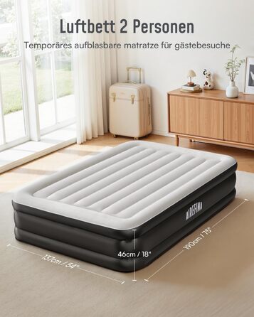 Надувний матрац Airefina для 2 осіб з вбудованим насосом, самонадувний, 190x137x46 см, для дому та кемпінгу