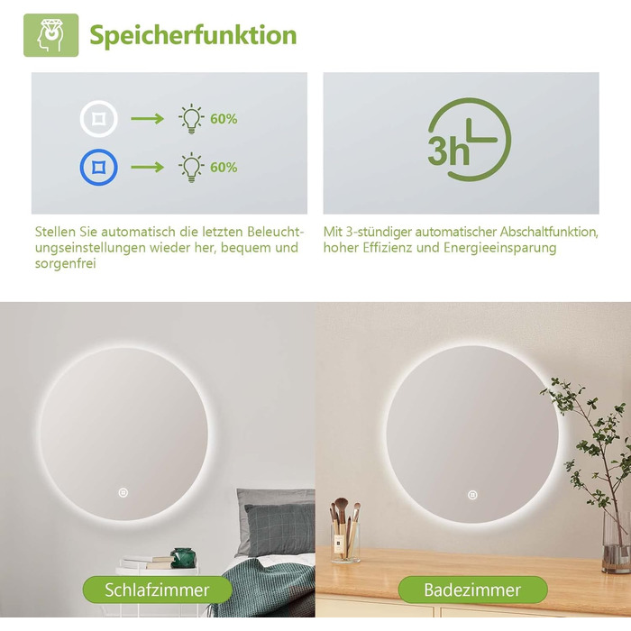 Круглий LED-дзеркало для ванної кімнати S'AFIELINA 60см з підсвічуванням та сенсорним вимикачем, регулювання кольору світла (тепле, нейтральне, холодне), диммування