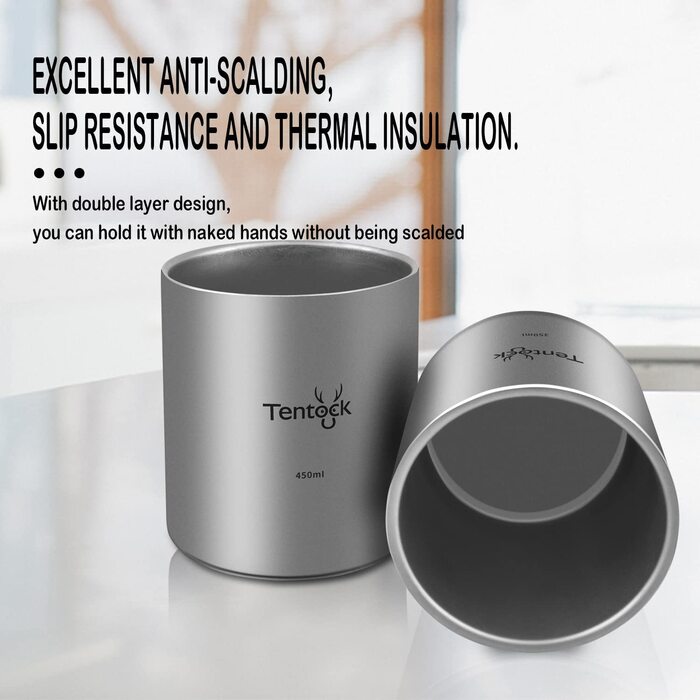 Титанова чашка Tentock з подвійними стінками для піших прогулянок, портативна кружка для кемпінгу, 350 мл/450 мл, легка термостійка чашка для кави та чаю