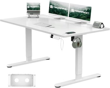 Регульований стіл 140x80 см з USB-C зарядкою, органайзером для кабелів та функцією пам'яті, білий