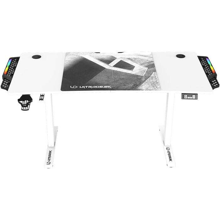 ULTRADESK Стол для роботи та геймінгу з регулюванням висоти - електричний, 140x68 см, з підсвічуванням RGB, XL-килимок для миші, білий