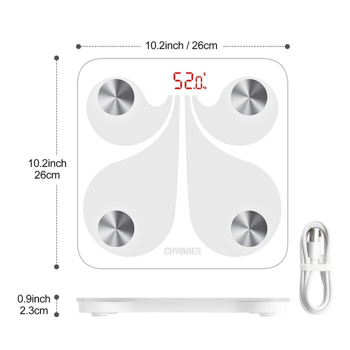 Цифрова шкала жиру в організмі CHWARES, Bluetooth, USB, додаток, 3 одиниці, бездротовий, білий