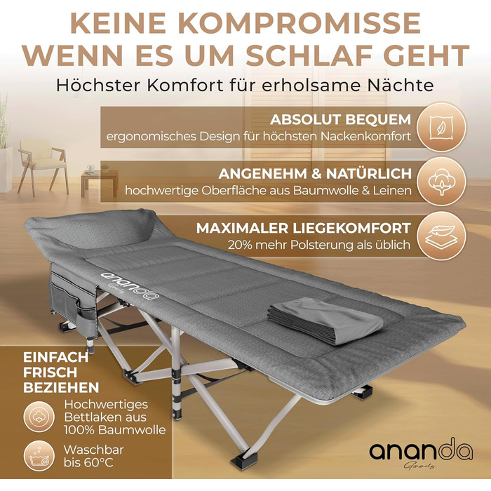 Розкладне похідне ліжко Feldbett з матрацом та простидлом з бавовни, кемпінгове ліжко для дорослих 190x70 см, витримує до 200 кг