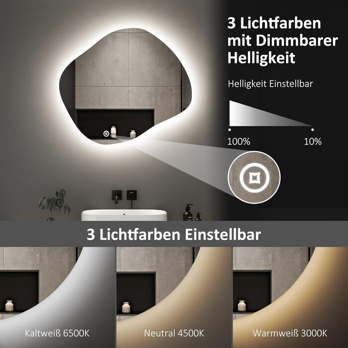 Асиметричне дзеркало для ванної кімнати Boromal з підсвічуванням 80x80 см LED, сенсорний вимикач, 3 кольори світла, регулювання яскравості