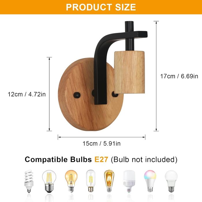 Набір з 2 U-подібних вінтажних настінних світильників, настінний точковий світильник E27, ідеально підходить для інтер'єрів (дерево-чорне)