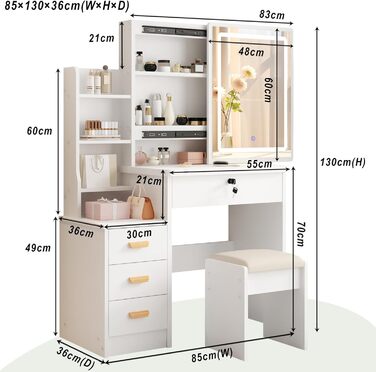 Дзеркальний туалетний столик DATO з LED-підсвічуванням, 3 колірні температури та регулюванням яскравості, з пуфом, 5 шухляд та 3 полиці, розсувний дзеркало