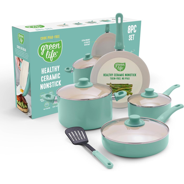 Набір кухонного посуду GreenLife Soft Grip 8 предметів, керамічне антипригарне покриття, нетоксичний, без PFAS, з кришками, для смаження, тушкування, соусів, посудомийна машина