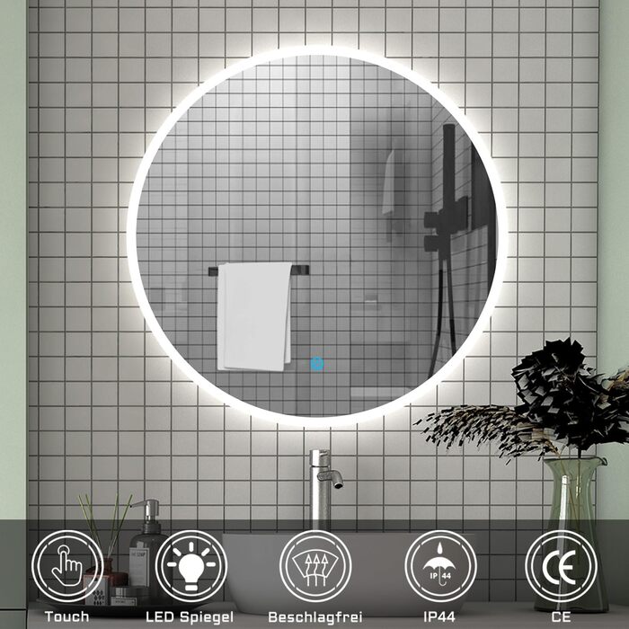 Круглий LED дзеркало для ванної кімнати 70 см з підсвічуванням, сенсорне керування, протизапітніння, Alpha Series, 70x70 см, холодне біле світло