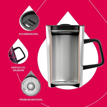 Кружка для кави та чаю Ideus® 470 мл з подвійними стінками, з нержавіючої сталі, з антиковзним руків'ям та кришкою-модулем, великий об'єм (Червоно-зебра)