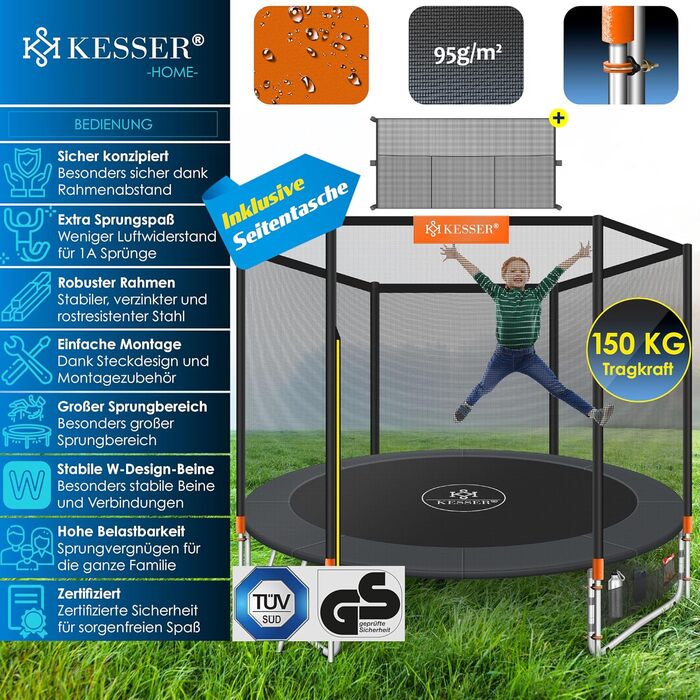 Батут KESSER для дітей та дорослих Ø244/305/366/427 см з сіткою, драбиною, захисним покриттям та сумкою - до 150 кг, помаранчевий