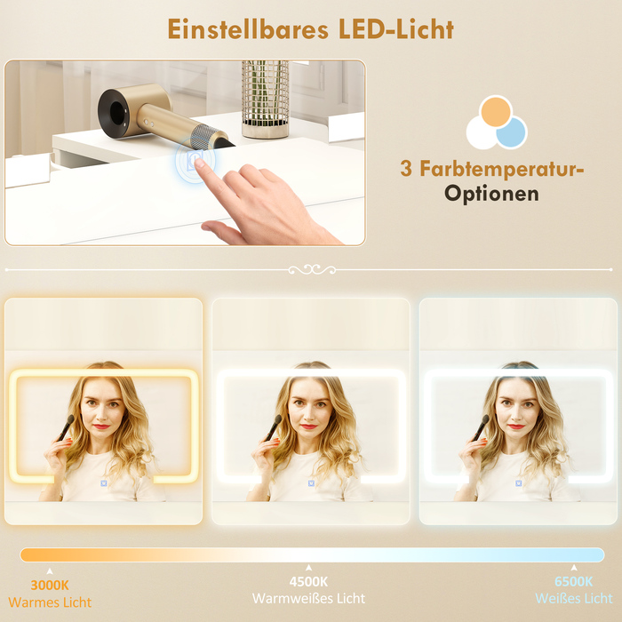 Тумбочка для макіяжу HOMCOM з регульованим LED-дзеркалом, розетками, 6 висувними ящиками, 2 відкритими полицями, біла