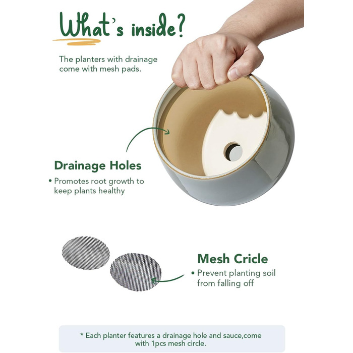 Керамічні горщики LE TAUCI з підставкою, 10+13+16 см, набір з 3 горщиків для кімнатних рослин, з дренажним отвором, реактивна глазур (блакитно-сірий)