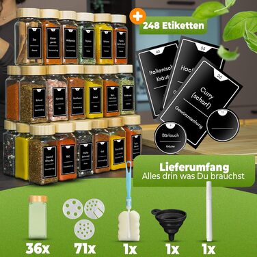 Набір бамбукових баночок для спецій, 36 шт (125 мл), з кришками та наліпками