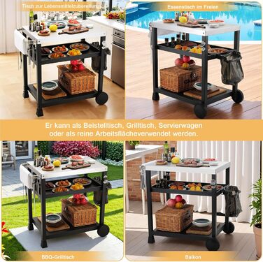 Grillwagen LIFERUN з нержавіючої сталі, 3 яруси, стіл для гриля, вуличний, з нержавіючою сталею, з гачками, на колесах