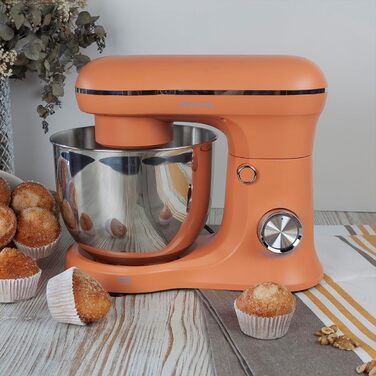 Міксер Prixton KR250 для випічки, 1500 Вт, 10 швидкостей, чаша 5 л з нержавіючої сталі, 3 насадки, прозорий ковпак (Оранжевий)