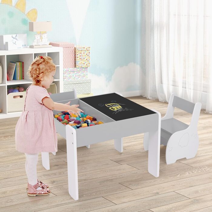 Дерев'яний дитячий стіл з 2 стільцями DREAMADE, 3-х частинний набір меблів для дітей, стіл з двосторонньою поверхнею та місцем для зберігання, набір меблів для хлопчиків та дівчаток (білий, світло-сірий)