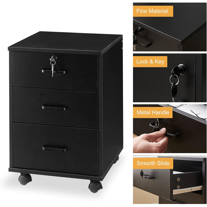 Тролейний контейнер TUKAILAI з 3 висувними ящиками, офісний шафчик на коліщатках, білий, для документів DIN-A4, Legal, Letter