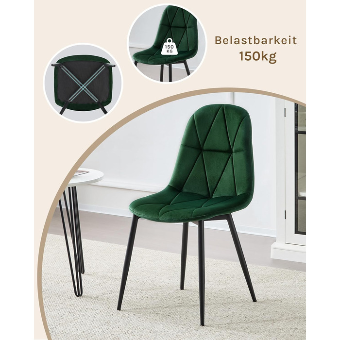 Набір обідніх стільців Lestarain (4 шт.) з підлокотниками, для кухні, вітальні, обідньої кімнати. М'які стільці з оксамитовим покриттям, металевий каркас, ергономічний дизайн, темно-зелений колір