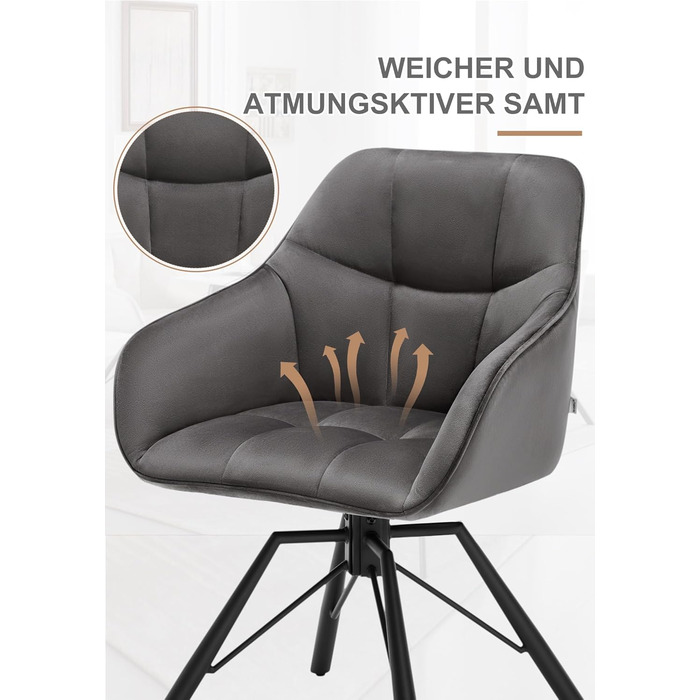 Крісла для їдальні WOLTU (4 шт) з оббивкою з велюру, сірого кольору, з підлокітниками та поворотним механізмом