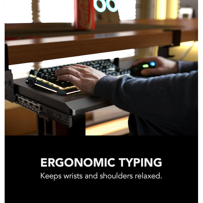 Висувна полиця під клавіатуру під стіл, чорна, з міцним C-кріпленням, 27.3x27.9 см (82.5 см з кріпленнями)