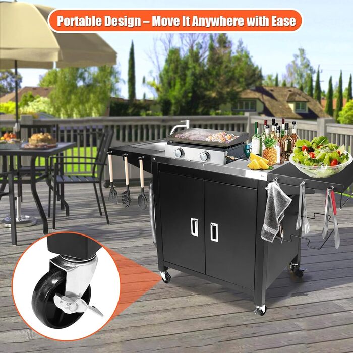 Гриль-вогн на колесах GFTIME: мобільний стіл для піци з нержавіючої сталі, кухонний острів з шафкою та полицями, 154 x 63 x 89 см