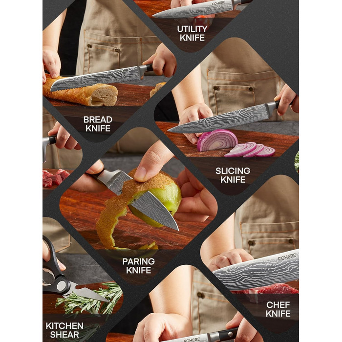 Набір ножів FOHERE 7 предметів: кухонний, для хліба, овочевий, з точилкою та магнітним блоком з нержавіючої сталі та дерева