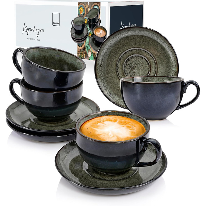 Набір кавових чашок SÄNGER Kopenhagen 8 шт., кавовий сервіз на 4 особи, набір чашок та блюдець, стійкий до миття в посудомийній машині, чашки та блюдця з порцеляни сірого кольору з зеленою внутрішньою стінкою, об'єм 200 мл, PREMIUM COLLECTION