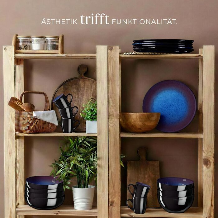 Набір посуду Tectake 30 предметів для 6 осіб, керамічний посуд, набір тарілок, мисок та чашок, придатний для миття в посудомийній машині та використання в мікрохвильовій печі - (Abyss Blue)