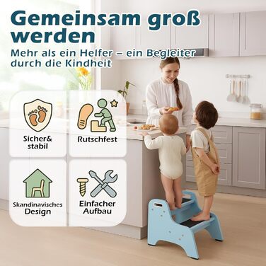 Дерев'яний трисходовий стільчик для дітей Tritthocker – безпечний, з антиковзним покриттям, для ванної та кухні, скандинавський дизайн, колір: натуральний (блакитний)