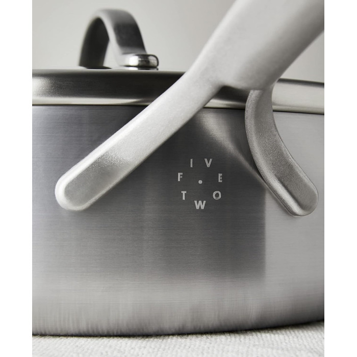 Сковорода GreenPan X Food 52 Five-Two Essentials з нержавіючої сталі Tri-Ply 4QT з кришкою, без PFAS, Multi-Clad, для індукційних плит, можна мити в посудомийній машині, термостійка, срібна