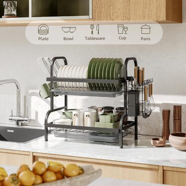 Сушарка для посуду NETEL 2-ярусна, чорна: з піддоном, тримачем для столових приборів та чашок