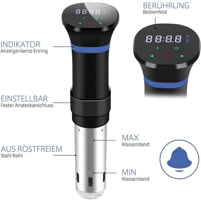 Су-від кухонний прилад з нержавіючої сталі, су-від стик, повільна варка з LED дисплеєм, 1000W, точне регулювання температури та таймер, з кулінарною книгою, сірий