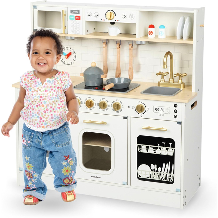 Дерев'яна дитяча кухня Mamabrum з LED-підсвічуванням - ігровий набір кухонь з регульованою висотою, з приготуванням кубиків льоду, мікрохвильовою піччю, плитою та посудомийною машиною. Іграшка для дітей від 3 років