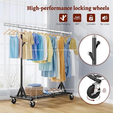 Стійка для одягу на колесах FAVOOOSTY, металева, мобільна, до 200 кг, чорна, 1 перекладина
