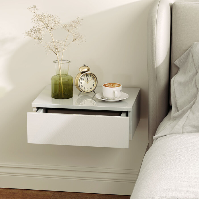 Набір з двох приліжкових тумбочок, настінне кріплення, з висувним ящиком, для спальні, ДСП, білий