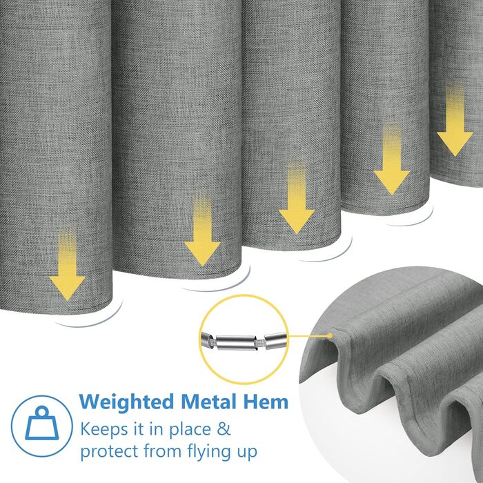 Шторка для душу з льону з металевими кільцями, сіра, 182 x 214 см - Текстильна шторка для ванни, вологостійка, важка