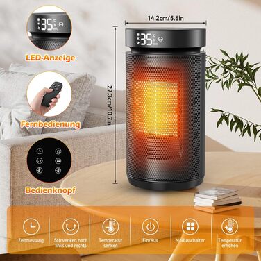 Електричний обігрівач 1500W з PTC керамічним нагрівачем, тихий (34 dB), з термостатом, таймером (12 год) та захистом від перегріву та перекидання. З пультом керування, чорний.