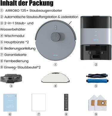 Робот-пилосос AIRROBO T25+ з вологою, LiDAR, 5500Pa, 240хв, керування через додаток, для тварин, чорний