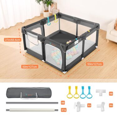 Манеж для дітей COMOMY 127x127 см, безпечний ігровий майданчик з м'якою сіткою та протиковзним дном, сірий