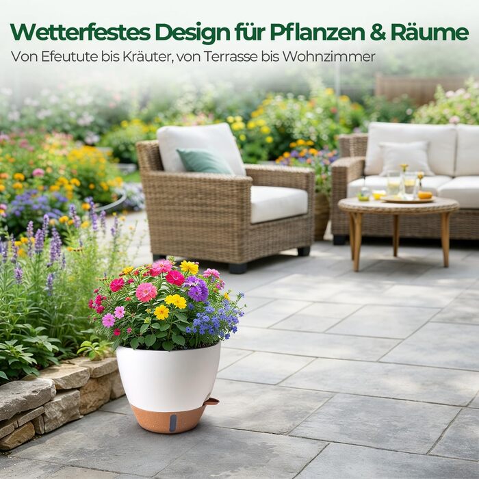 Набір 4 самополивні горщики для квітів T4U з індикатором рівня води, легкі у догляді, великі (25 см, білі)